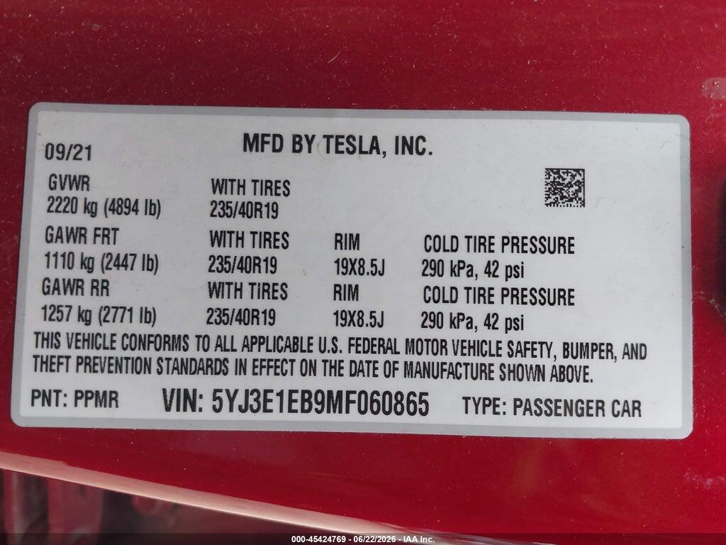 5YJ3E1EB9MF060865 2021 TESLA MODEL 3 photo no. 9