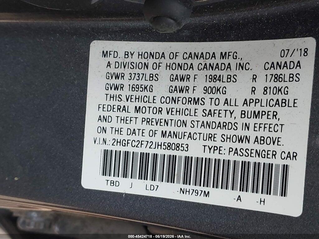 2HGFC2F72JH580853 2018 HONDA CIVIC photo no. 9