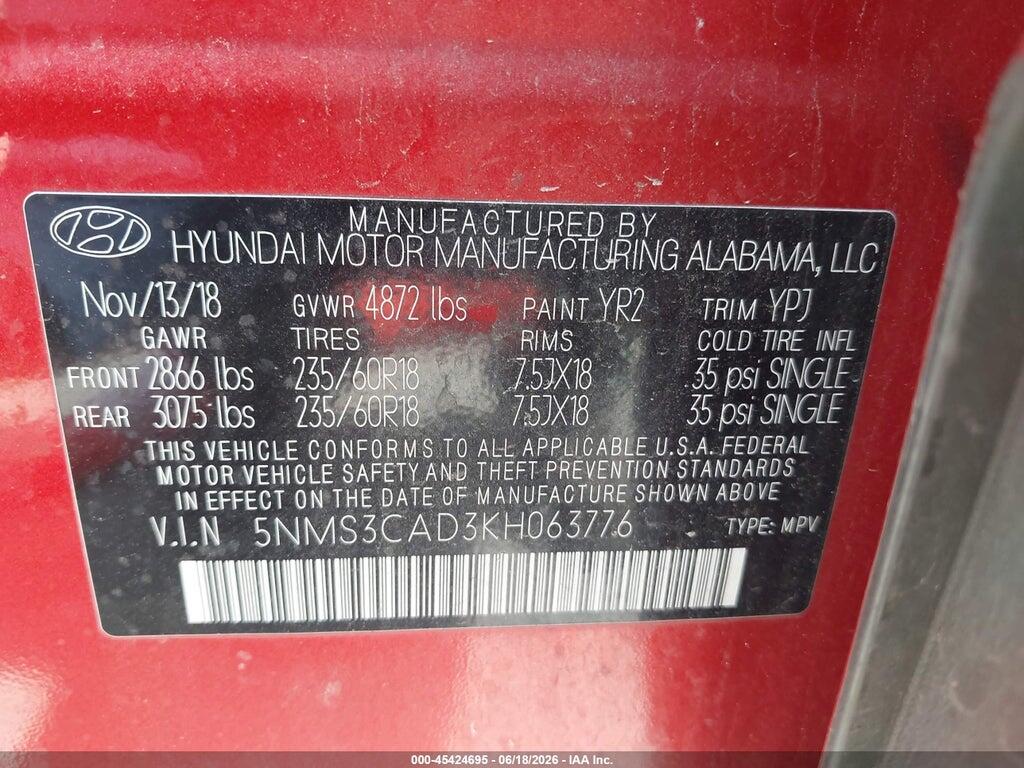 5NMS3CAD3KH063776 2019 HYUNDAI SANTA FE photo no. 9