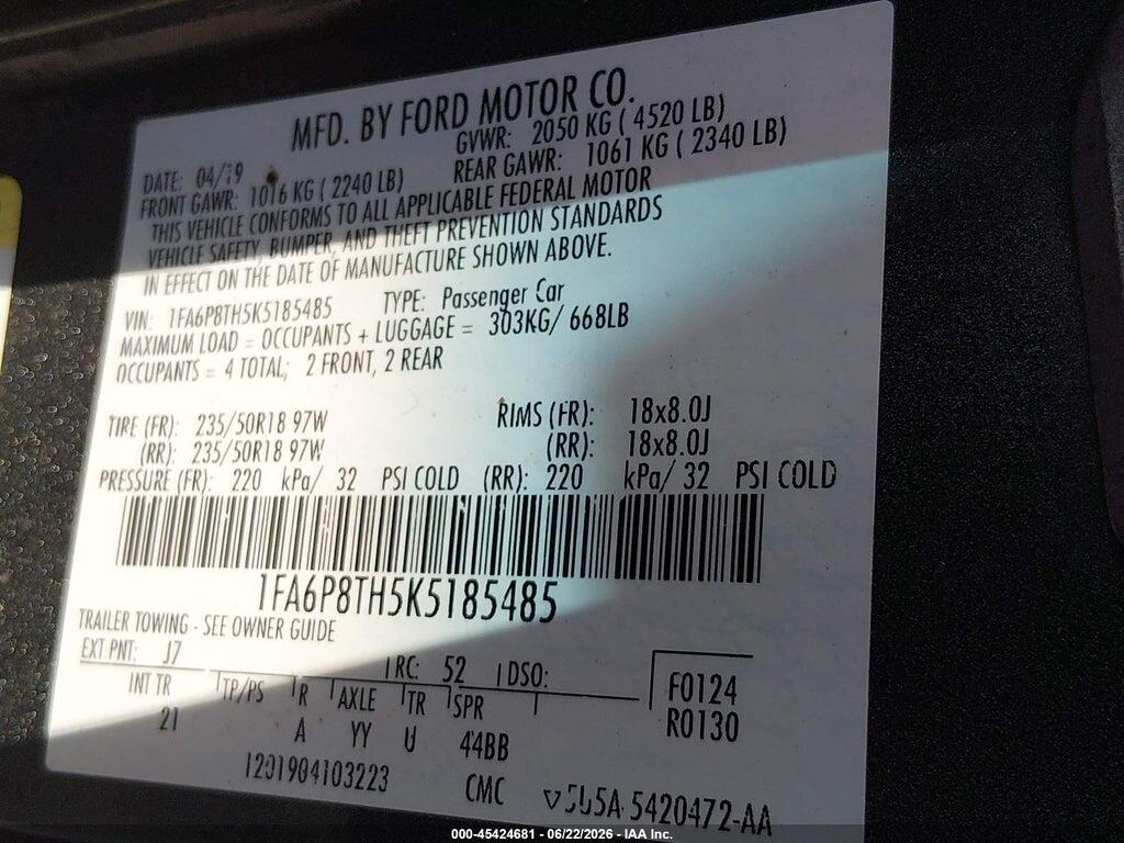 1FA6P8TH5K5185485 2019 FORD MUSTANG photo no. 9