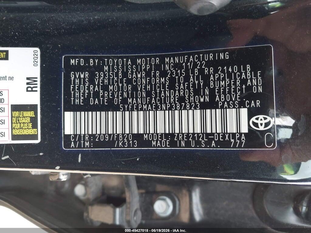 5YFEPMAE3NP387823 2022 TOYOTA COROLLA photo no. 9