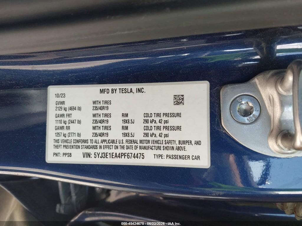 5YJ3E1EA4PF674475 2023 TESLA MODEL 3 photo no. 9