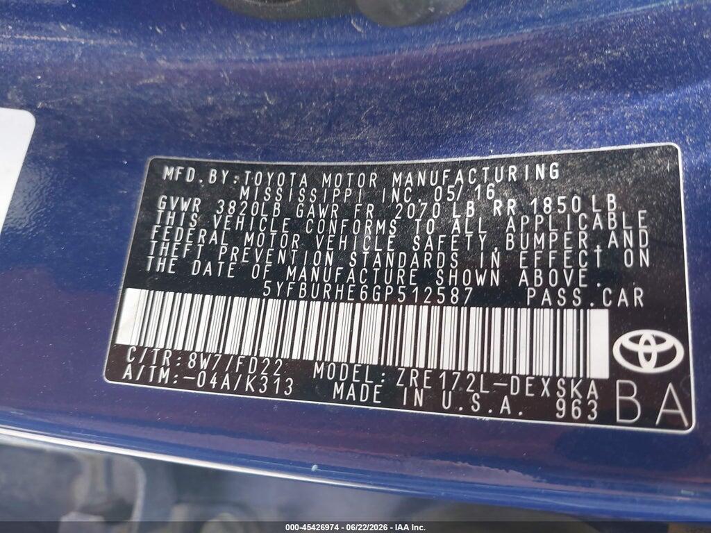 5YFBURHE6GP512587 2016 TOYOTA COROLLA photo no. 9