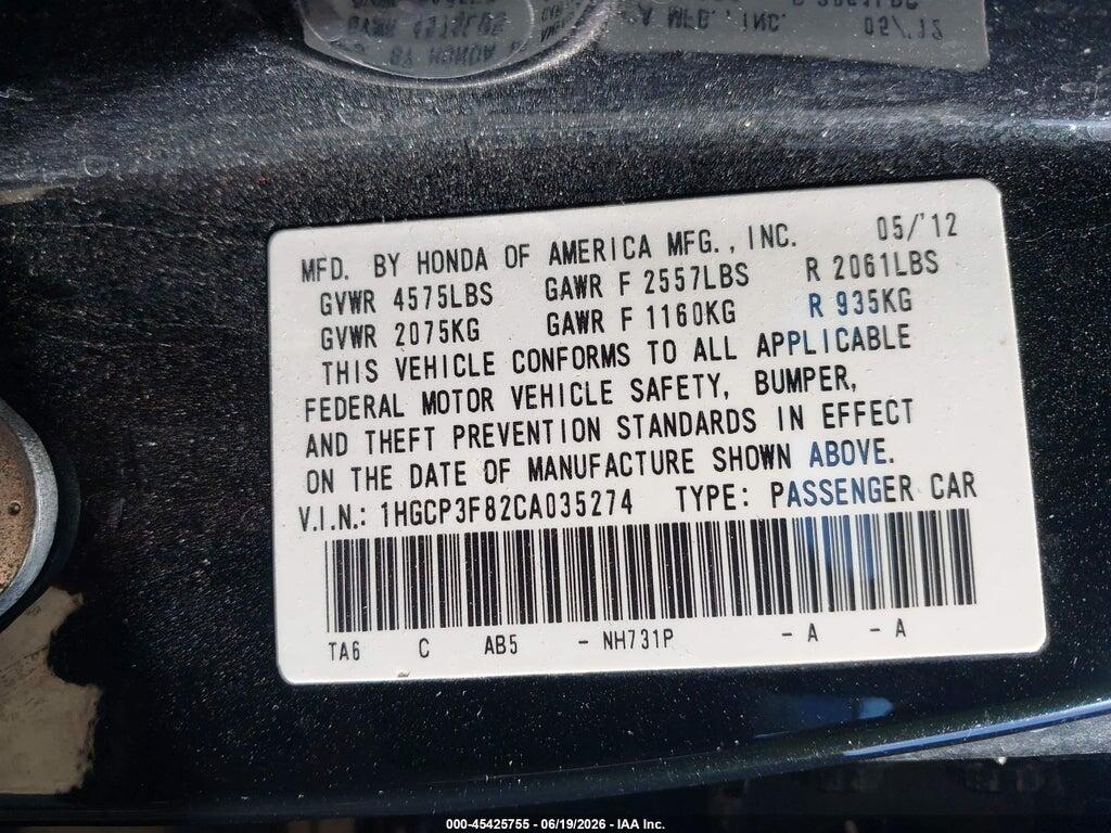 1HGCP3F82CA035274 2012 HONDA ACCORD photo no. 9