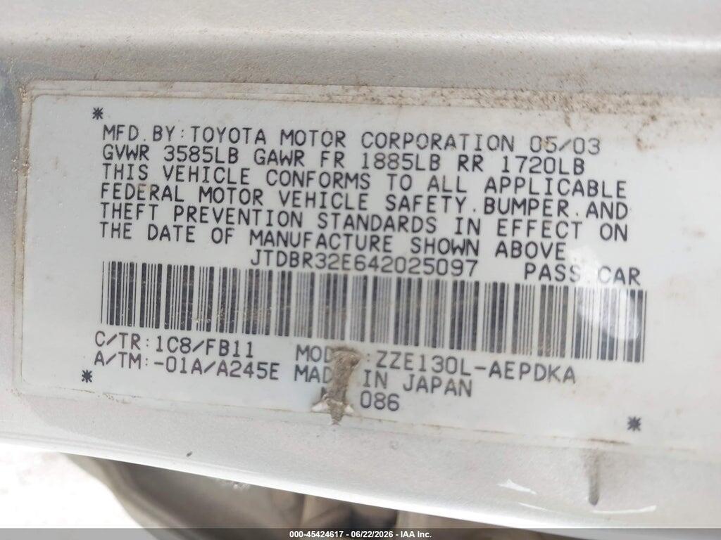 JTDBR32E642025097 2004 TOYOTA COROLLA photo no. 9