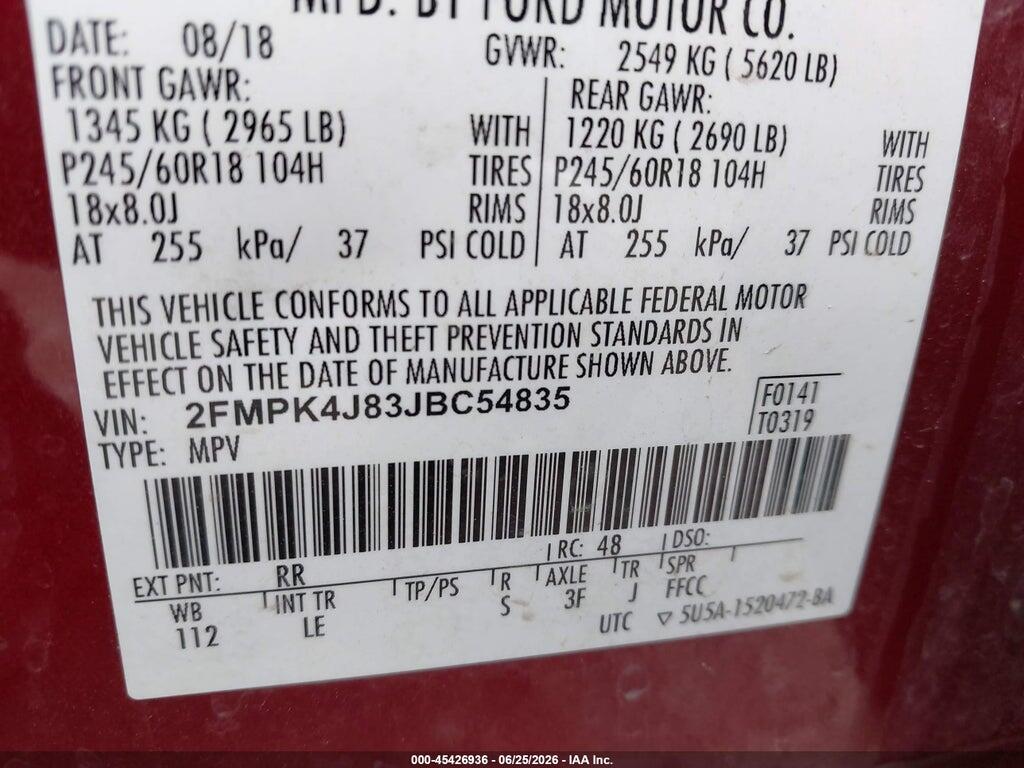 2FMPK4J83JBC54835 2018 FORD EDGE photo no. 9