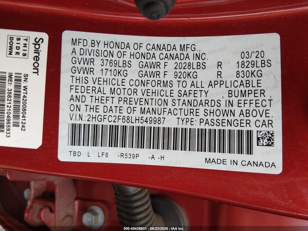 2HGFC2F68LH549987 2020 HONDA CIVIC photo no. 9