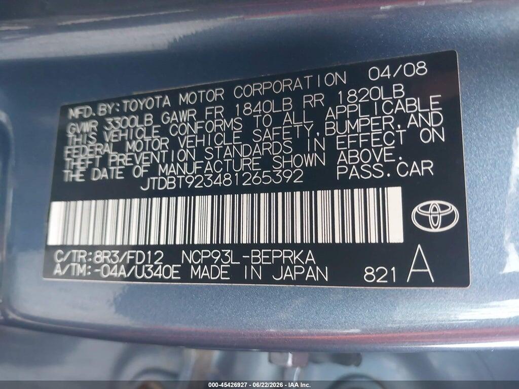 JTDBT923481265392 2008 TOYOTA YARIS photo no. 9
