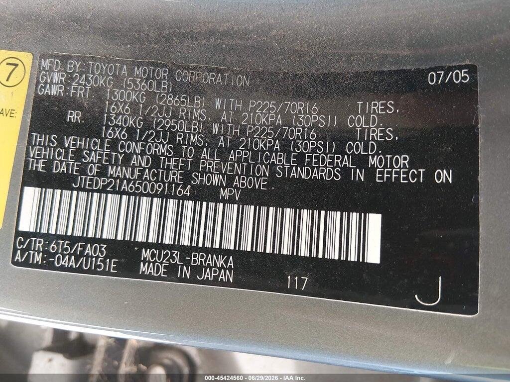 JTEDP21A650091164 2005 TOYOTA HIGHLANDER photo no. 9