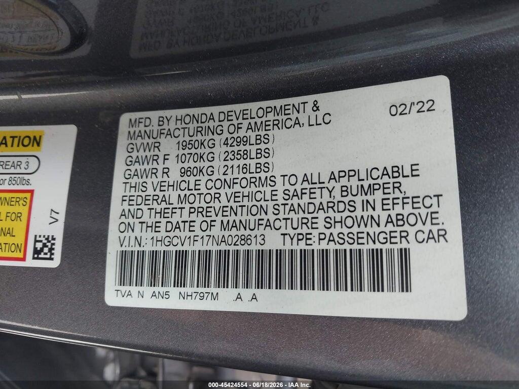 1HGCV1F17NA028613 2022 HONDA ACCORD photo no. 9
