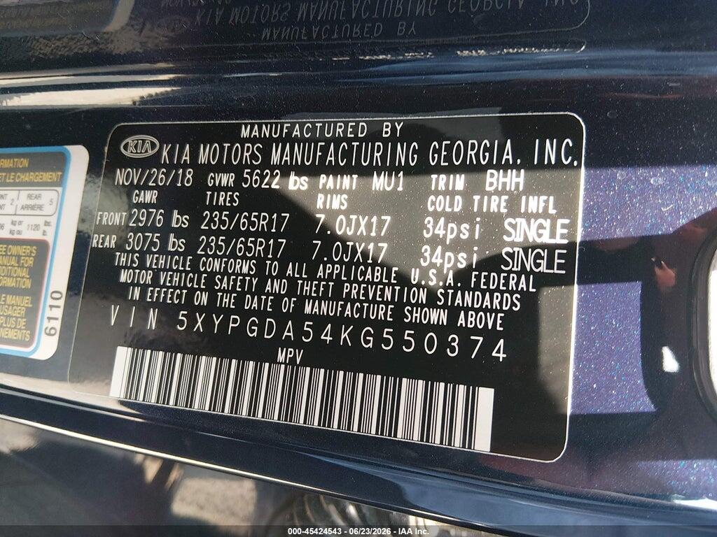 5XYPGDA54KG550374 2019 KIA SORENTO photo no. 9