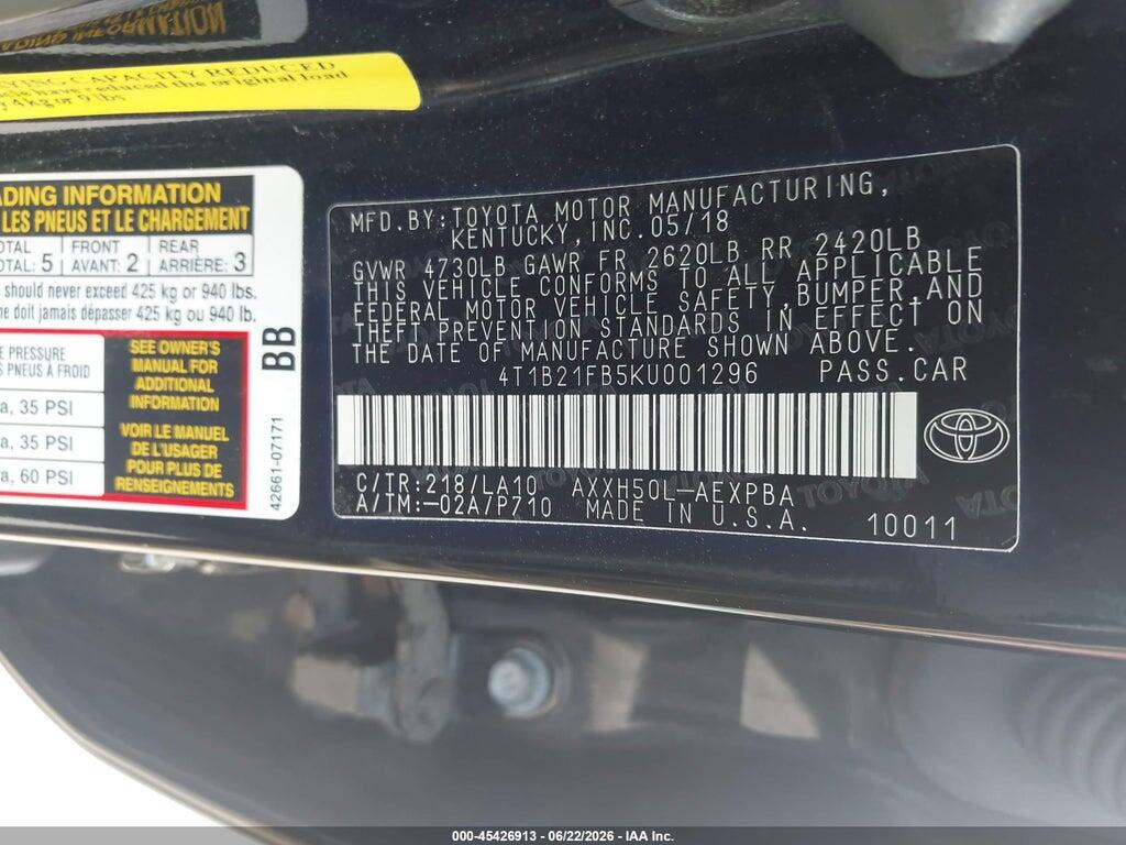 4T1B21FB5KU001296 2019 TOYOTA AVALON HYBRID photo no. 9