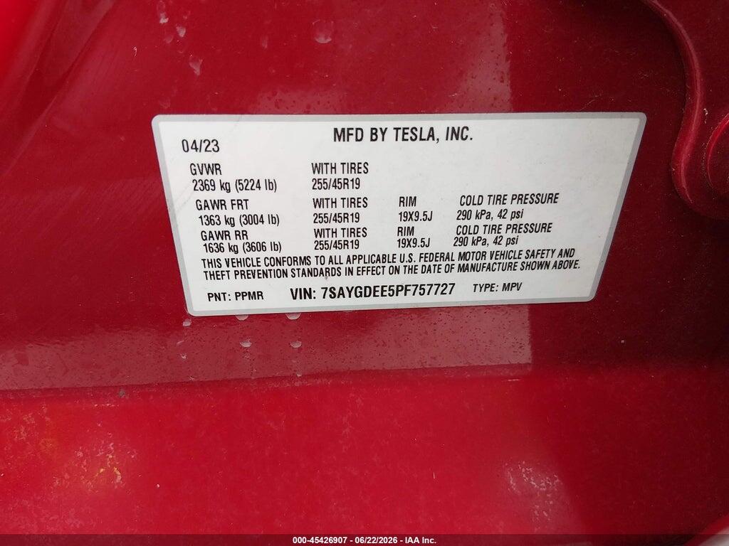 7SAYGDEE5PF757727 2023 TESLA MODEL Y photo no. 9