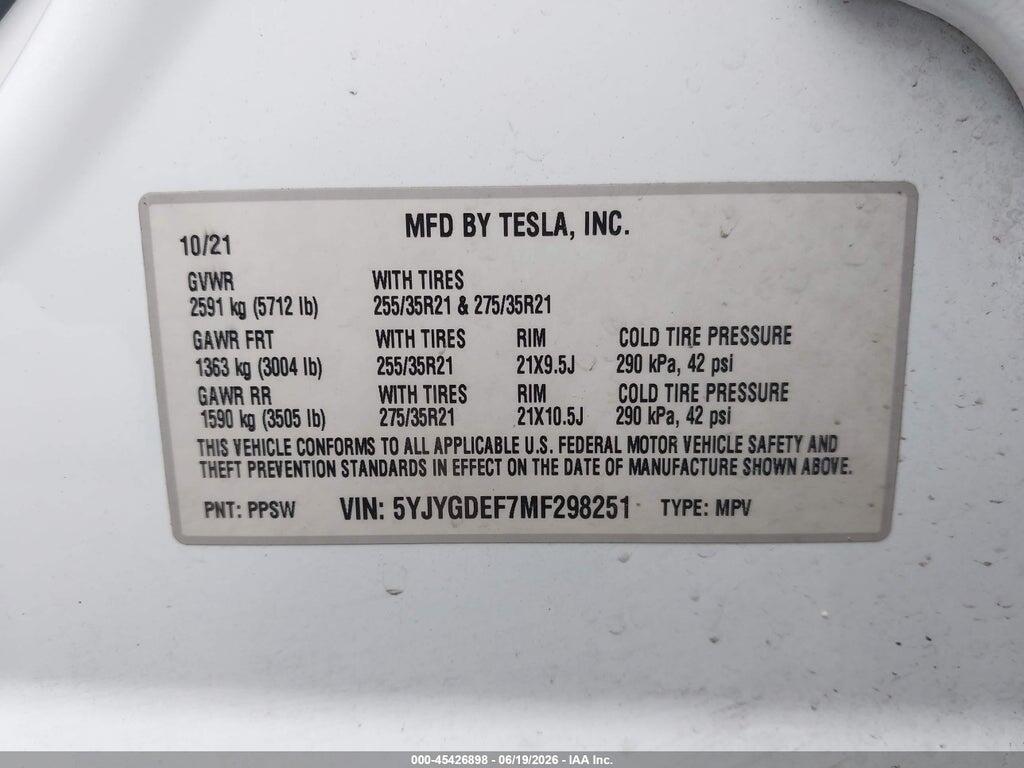 5YJYGDEF7MF298251 2021 TESLA MODEL Y photo no. 9