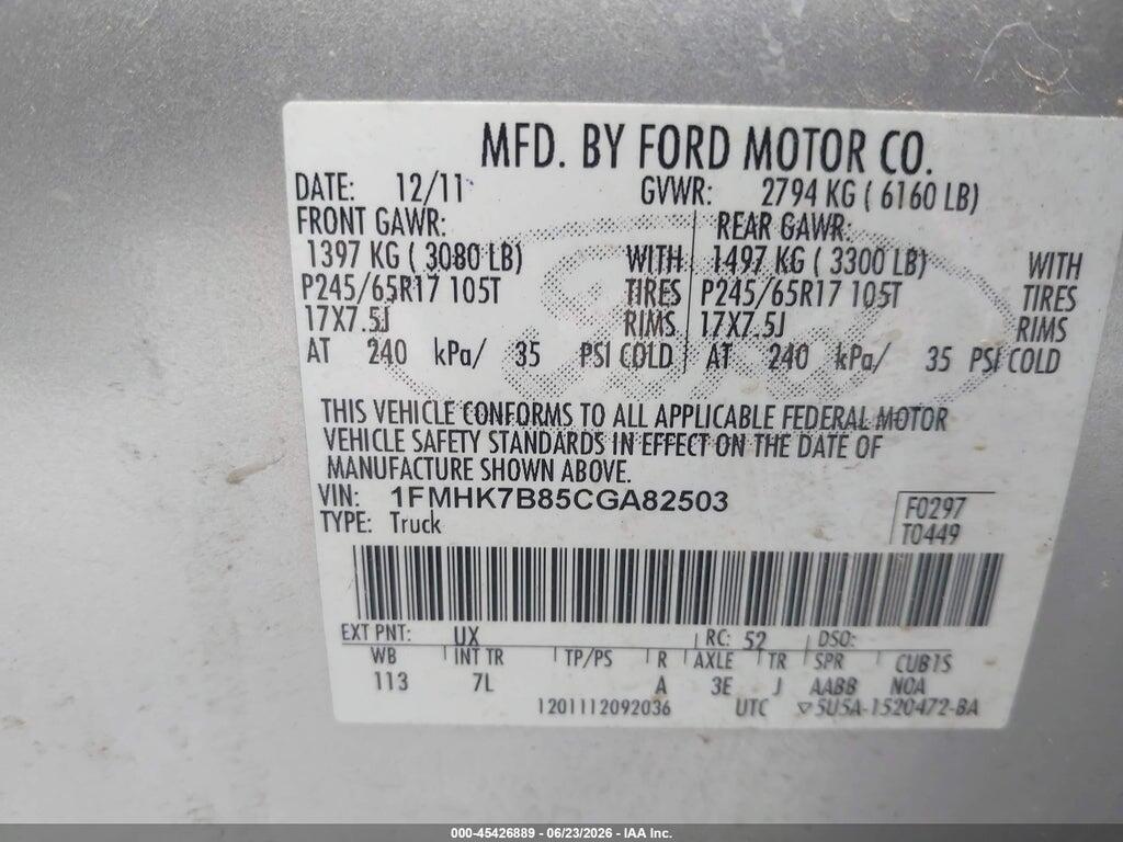 1FMHK7B85CGA82503 2012 FORD EXPLORER photo no. 9