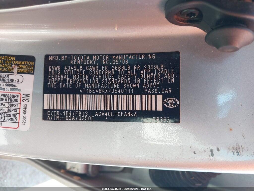 4T1BE46KX7U540111 2007 TOYOTA CAMRY photo no. 9