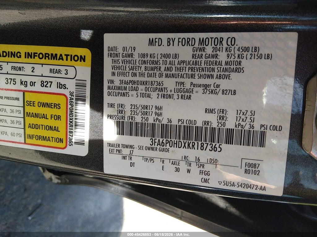3FA6P0HDXKR187365 2019 FORD FUSION photo no. 9