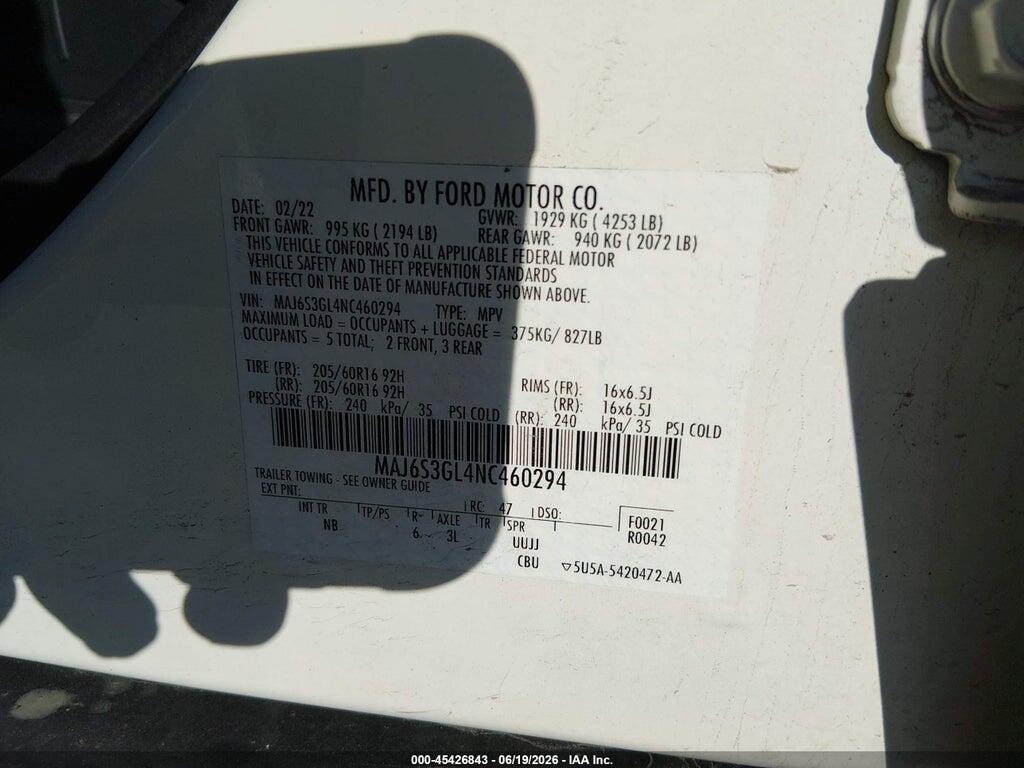MAJ6S3GL4NC460294 2022 FORD ECOSPORT photo no. 9