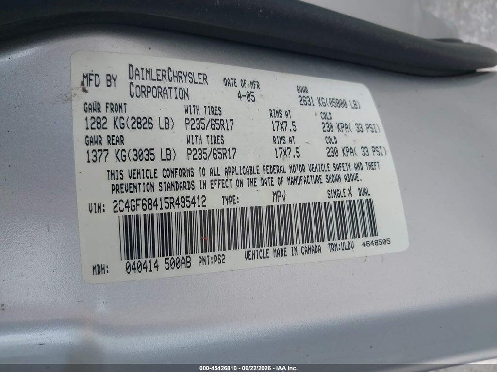 2C4GF68415R495412 2005 CHRYSLER PACIFICA photo no. 9