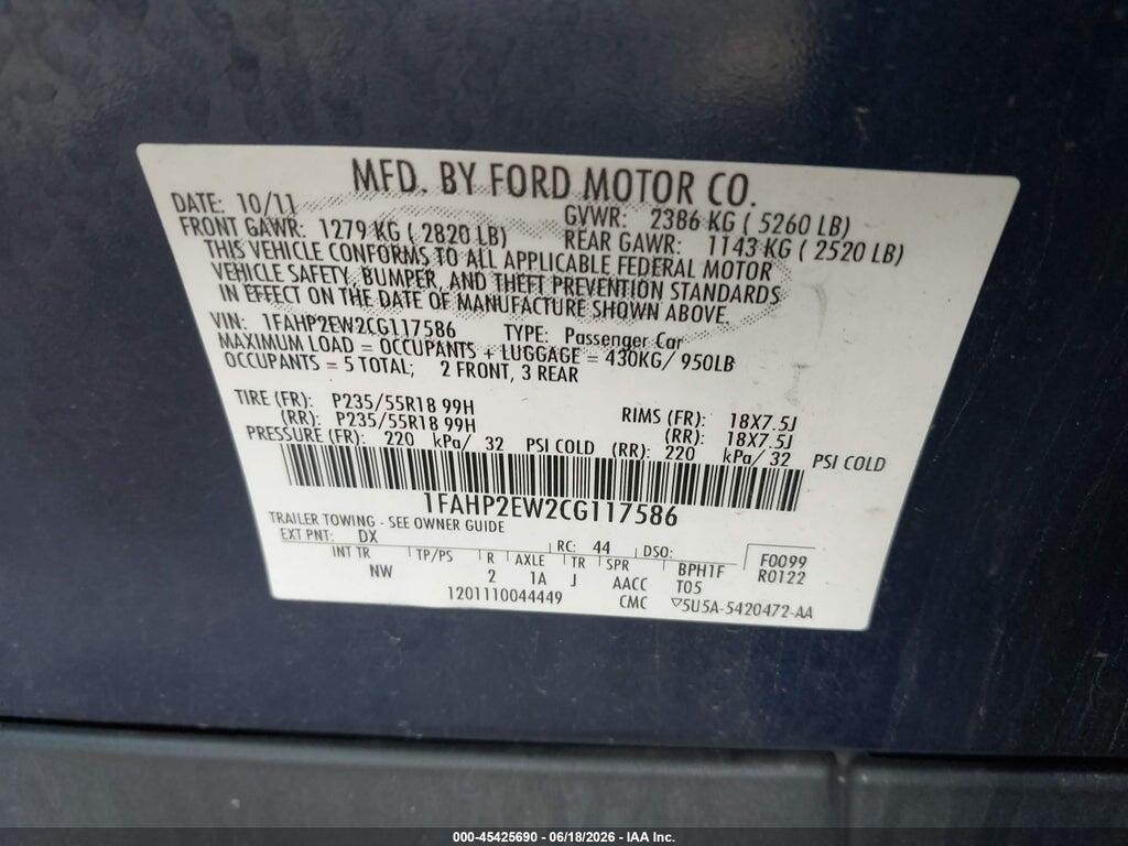 1FAHP2EW2CG117586 2012 FORD TAURUS photo no. 9