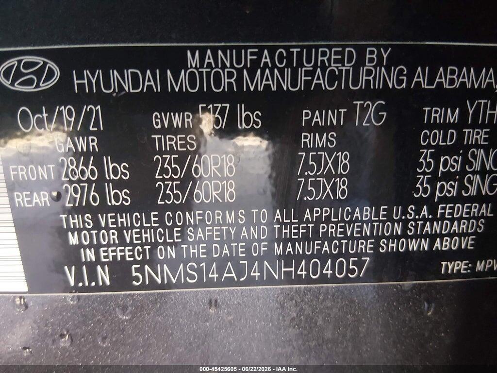 5NMS14AJ4NH404057 2022 HYUNDAI SANTA FE photo no. 9