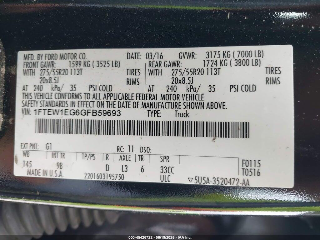 1FTEW1EG6GFB59693 2016 FORD F-150 photo no. 9