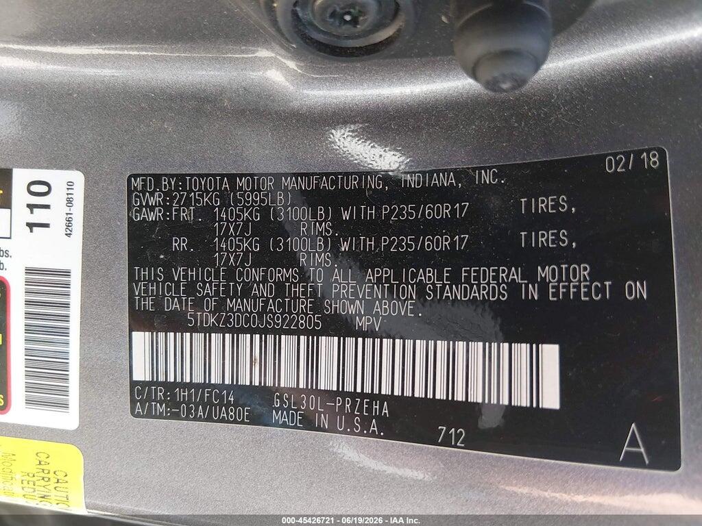 5TDKZ3DC0JS922805 2018 TOYOTA SIENNA photo no. 9
