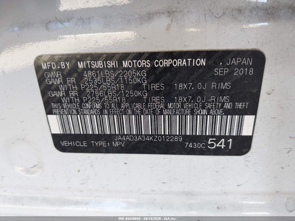 JA4AD3A34KZ012289 2019 MITSUBISHI OUTLANDER photo no. 9