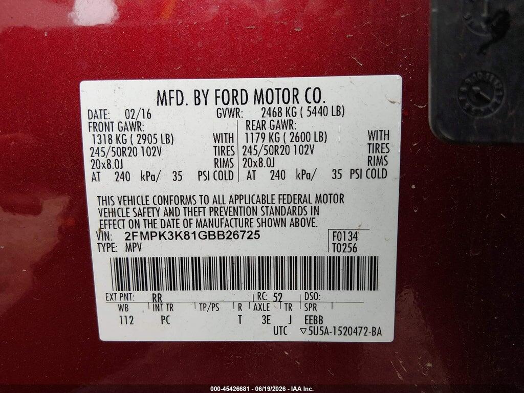 2FMPK3K81GBB26725 2016 FORD EDGE photo no. 9