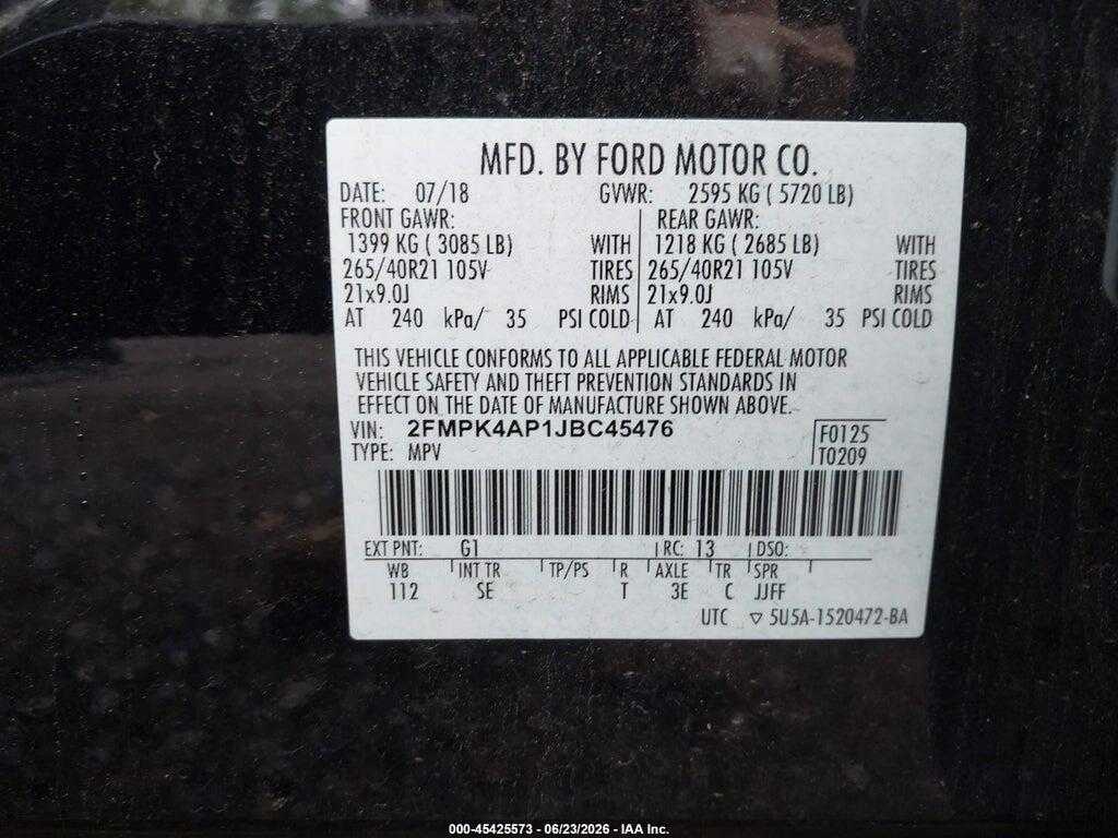 2FMPK4AP1JBC45476 2018 FORD EDGE photo no. 9
