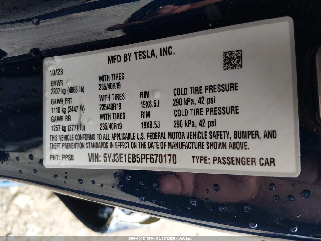 5YJ3E1EB5PF670170 2023 TESLA MODEL 3 photo no. 9