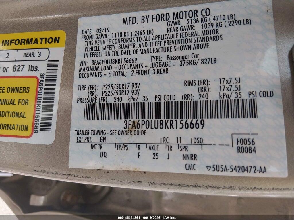 3FA6P0LU8KR156669 2019 FORD FUSION HYBRID photo no. 9