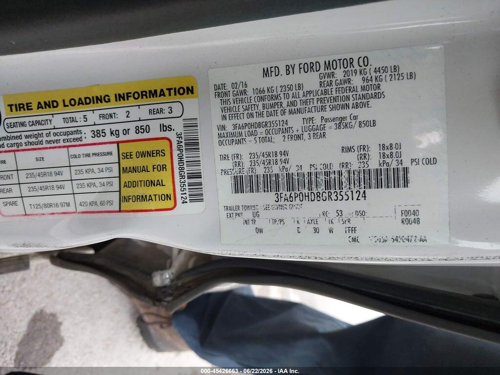 3FA6P0HD8GR355124 2016 FORD FUSION photo no. 9