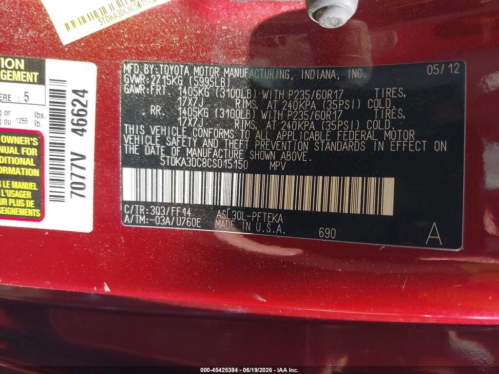 5TDKA3DC8CS015150 2012 TOYOTA SIENNA photo no. 9