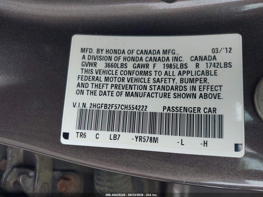 2HGFB2F57CH554222 2012 HONDA CIVIC photo no. 9