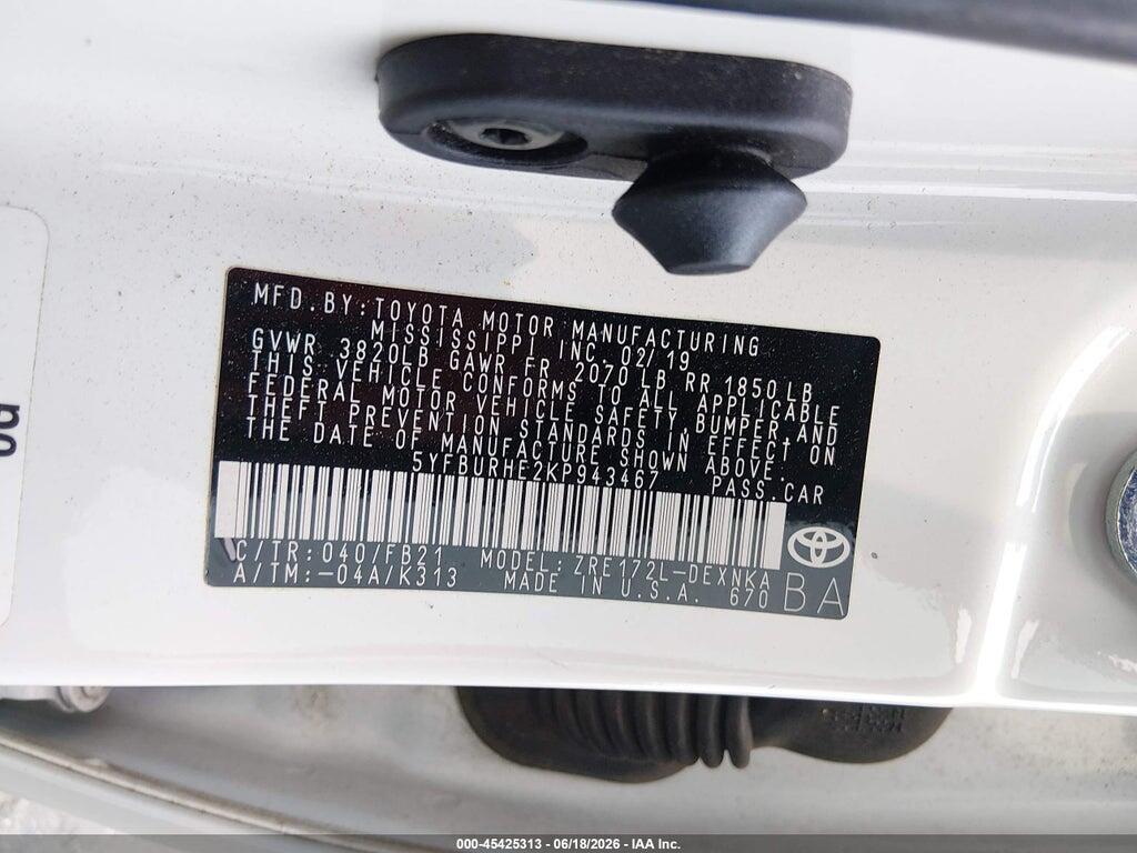 5YFBURHE2KP943467 2019 TOYOTA COROLLA photo no. 9