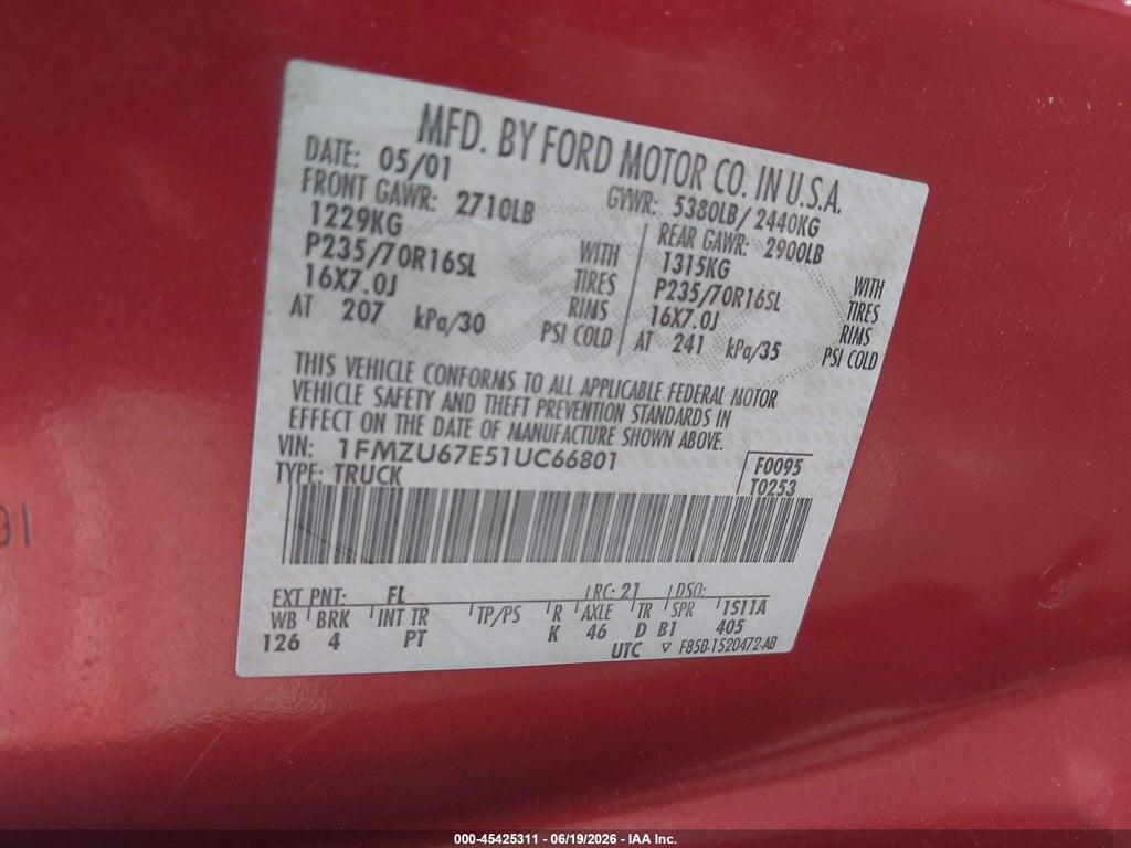1FMZU67E51UC66801 2001 FORD EXPLORER SPORT TRAC photo no. 9