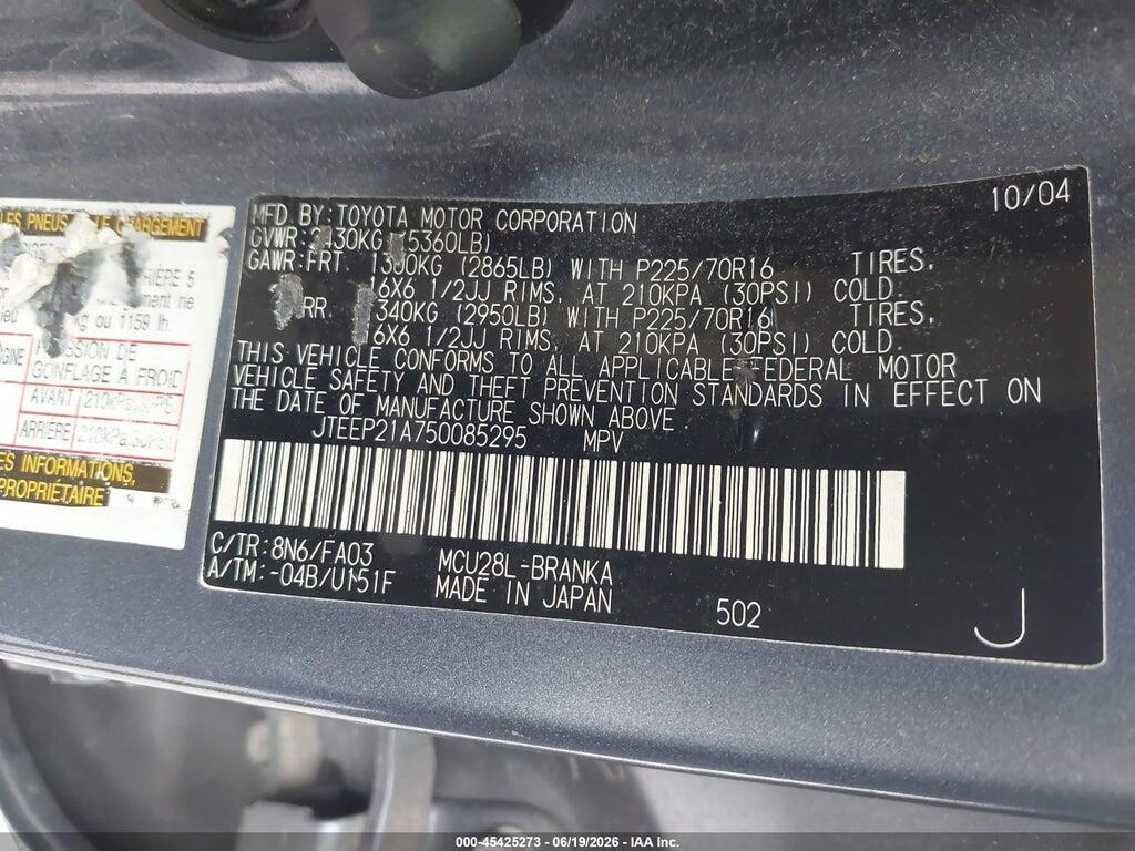 JTEEP21A750085295 2005 TOYOTA HIGHLANDER photo no. 9
