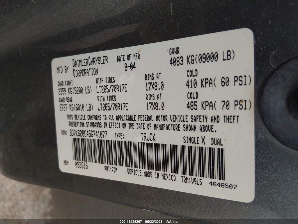 3D7KS28C45G741077 2005 DODGE RAM 2500 photo no. 9