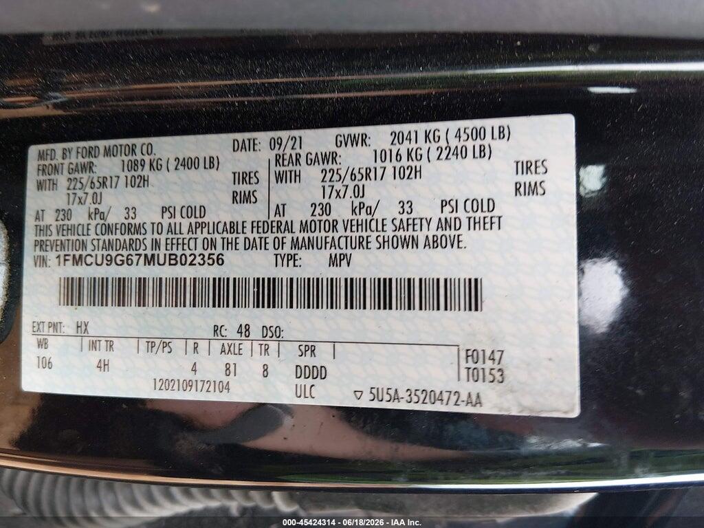 1FMCU9G67MUB02356 2021 FORD ESCAPE photo no. 9