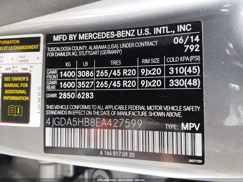 4JGDA5HB8EA427599 2014 MERCEDES-BENZ ML 350 photo no. 9