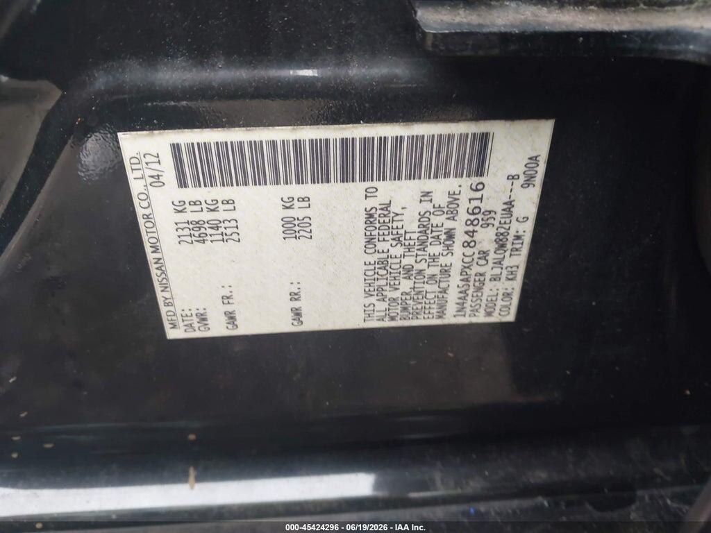 1N4AA5APXCC848616 2012 NISSAN MAXIMA photo no. 9