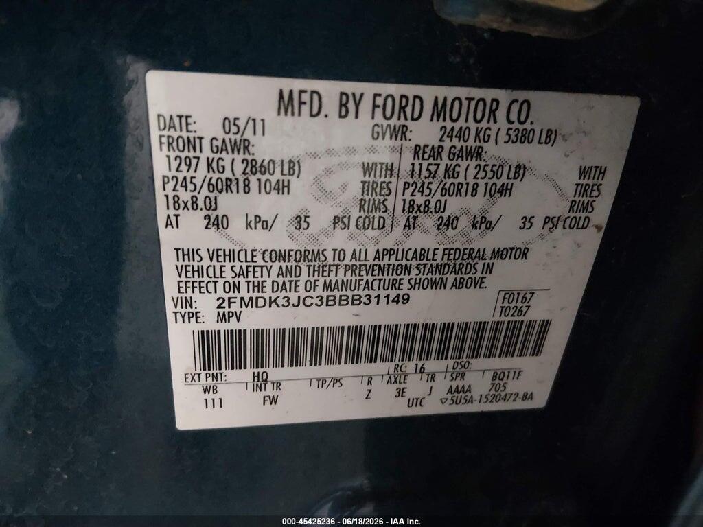 2FMDK3JC3BBB31149 2011 FORD EDGE photo no. 9
