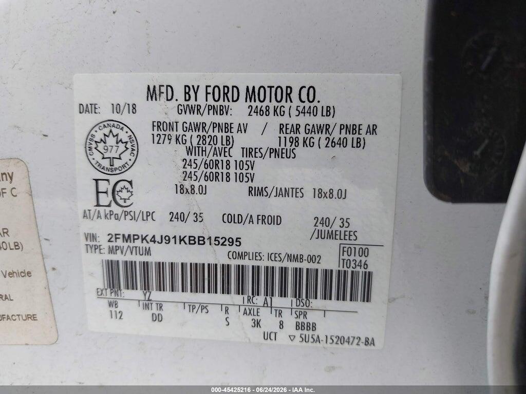 2FMPK4J91KBB15295 2019 FORD EDGE photo no. 9