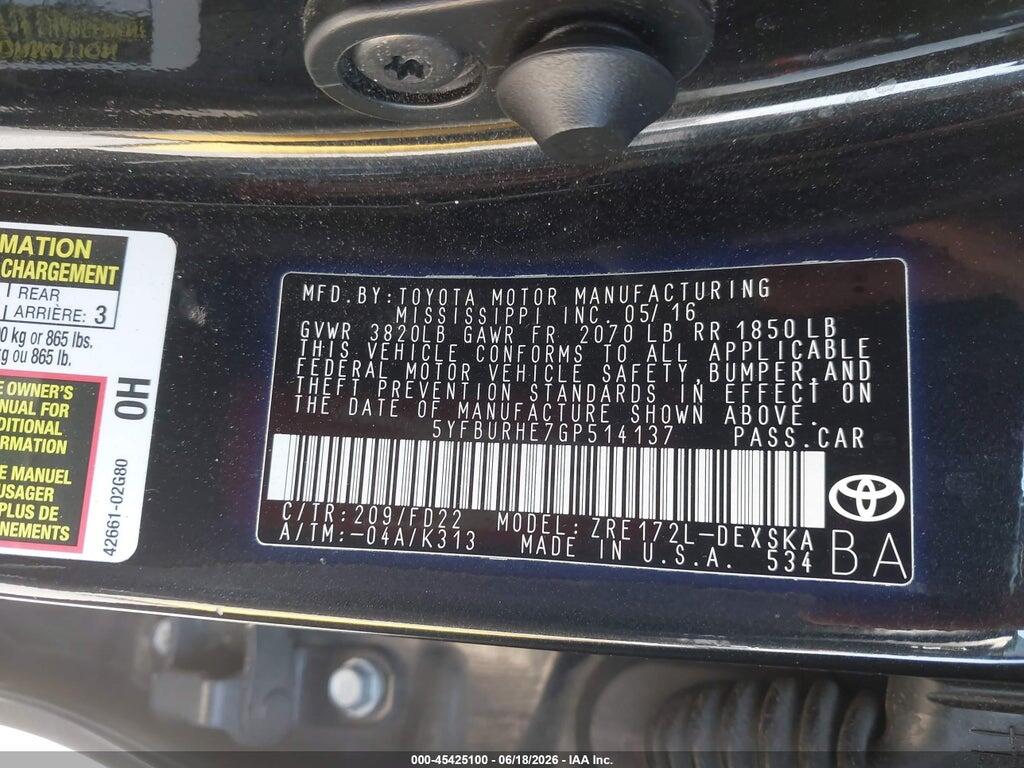 5YFBURHE7GP514137 2016 TOYOTA COROLLA photo no. 9