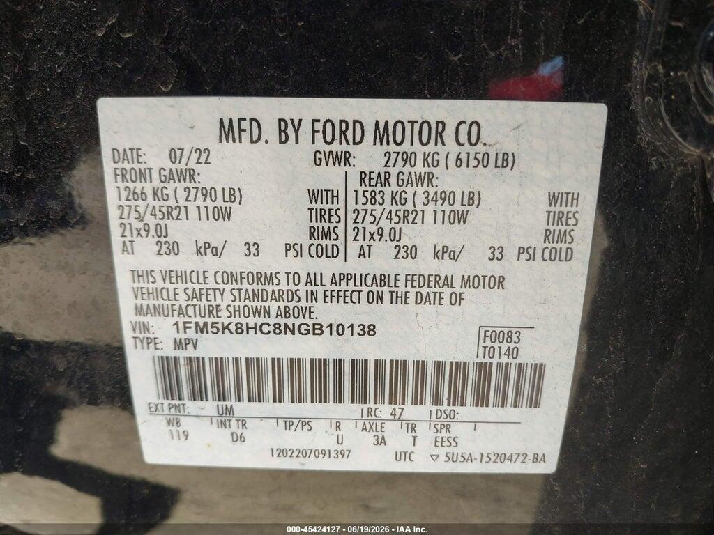 1FM5K8HC8NGB10138 2022 FORD EXPLORER photo no. 9