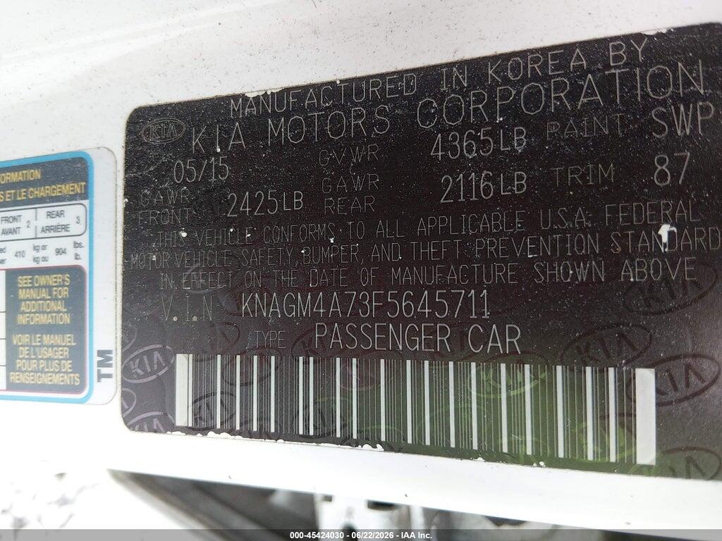 KNAGM4A73F5645711 2015 KIA OPTIMA photo no. 9