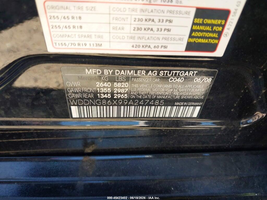 WDDNG86X99A247485 2009 MERCEDES-BENZ S 550 photo no. 9