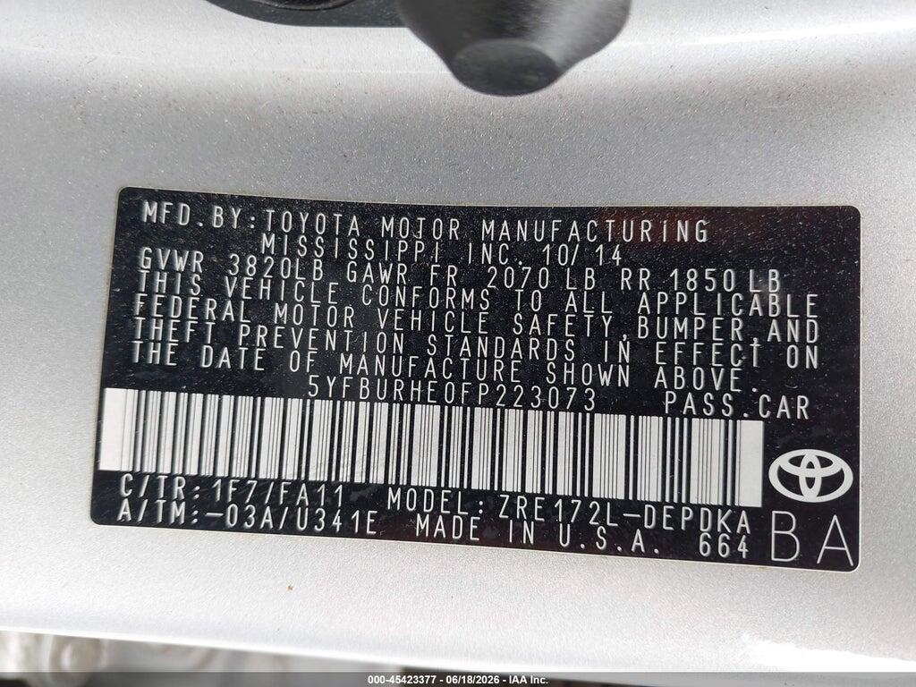 5YFBURHE0FP223073 2015 TOYOTA COROLLA photo no. 9
