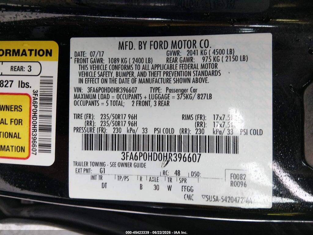 3FA6P0HD0HR396607 2017 FORD FUSION photo no. 9